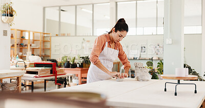 Buy stock photo Pottery, art and woman in studio with clay for design, sculpture and learning skills in workshop. Creative, small business and person with ceramic object for DIY hobby, craft and handmade product