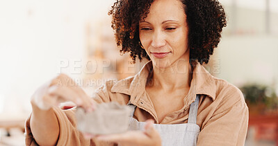 Buy stock photo Pottery, designer and woman in workshop with clay for design, sculpture and learning skills in studio. Creative, startup and person with ceramic object for DIY hobby, craft and handmade product