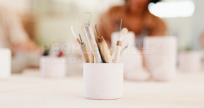 Buy stock photo Pottery, art and tools in workshop for artistic process, sculpture design and learning artwork. Closeup, people and equipment for craft production, handmade hobby and creative lesson in ceramic class