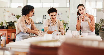 Buy stock photo Pottery class, group and people with creativity, product design and learning with sculpture mold. Business owner, artist and ceramic retail store with material, technique or clay manufacturing