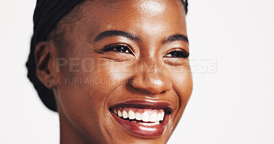 Buy stock photo Space, thinking or happy black woman with makeup for beauty, cosmetics or acne solution on white background. Studio, cosmetology or African model with ideas for foundation, skincare or glowing shine
