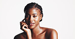 Space, beauty and confident black woman with makeup or aesthetics for facial glow, wellness or shine. Studio, portrait and proud African model with cosmetics, collagen or skincare on white background