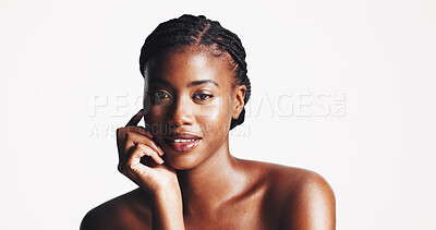 Buy stock photo Portrait, beauty and confident black woman with makeup or aesthetics for facial glow, wellness or shine. Studio, space and proud African model with cosmetics, collagen or skincare on white background