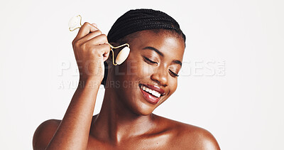 Buy stock photo Skincare, woman and face roller in studio for lymphatic drainage, blood circulation and puffiness reduction. Natural beauty, person and rose quartz tool for radiant skin on white background mockup