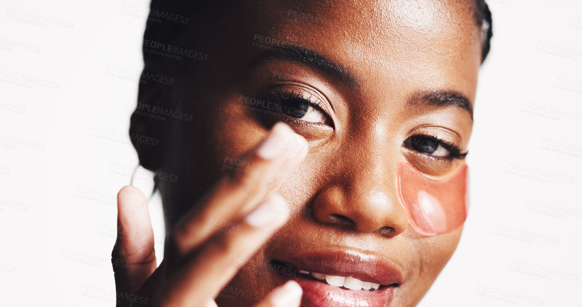 Buy stock photo Portrait, skincare and eye patches with black woman in studio for dermatology, self care and spa treatment. Glow, collagen mask and beauty with person on white background for shine and facial