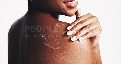 Buy stock photo Sunscreen, shoulder and lotion with woman in studio for sun protection, skincare and uv ray safety. Beauty, self care and dermatology with closeup of person on white background for spf benefits