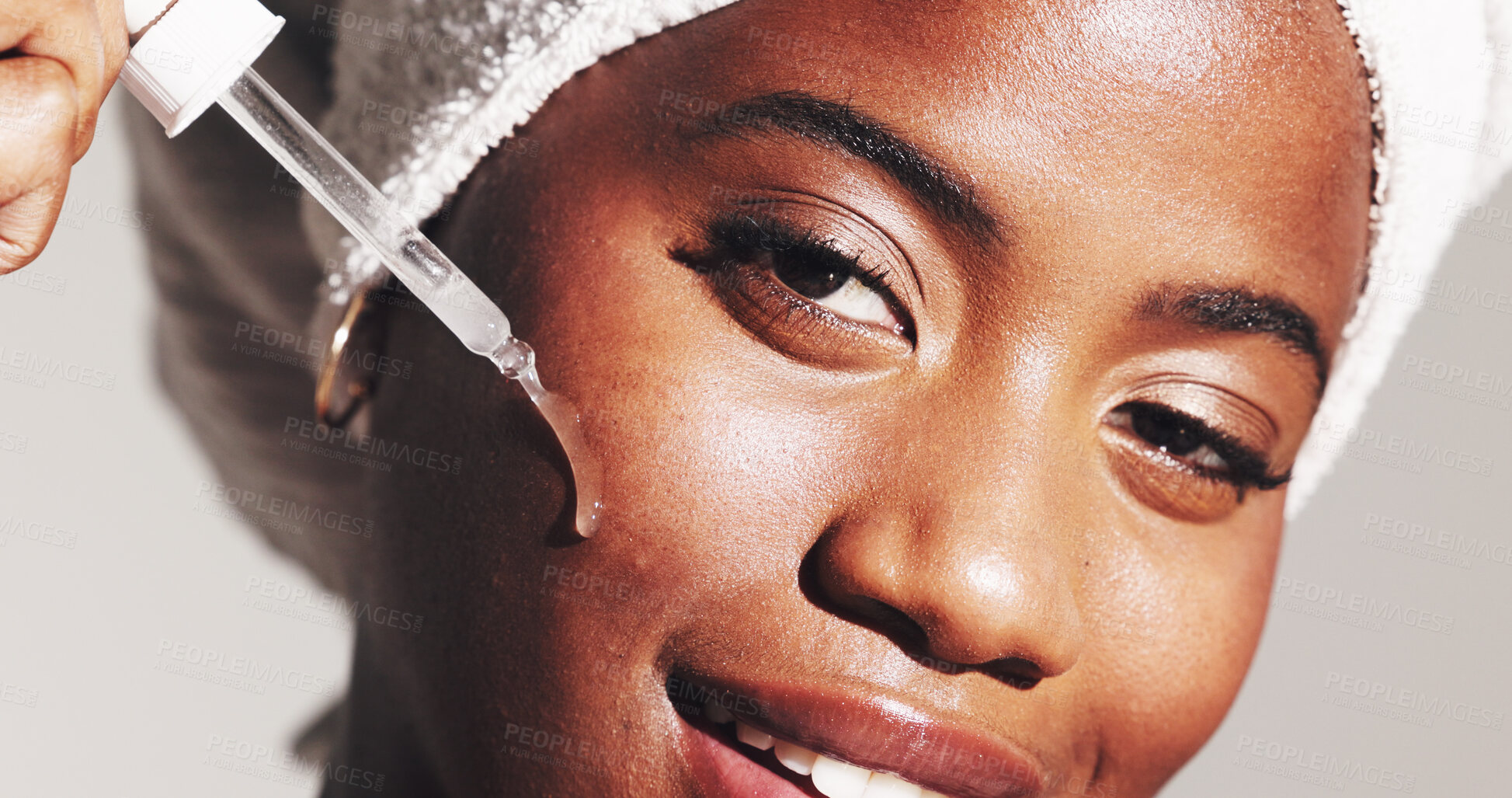 Buy stock photo Portrait, beauty and woman with serum, skincare and smile for smooth skin with routine and moisturizing. White background, hydration and black person with oil for treatment, studio and grooming