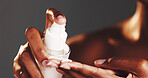 Studio, cream and hands with bottle for skincare, wellness and cosmetics for smooth skin or dermatology. Gray background, self care and person with lotion for treatment, moisturizing and routine