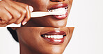 Toothbrush, smile and mouth of woman in studio for wellness, brushing teeth and cleaning. Closeup, whitening and collage of person for oral care, dental health and grooming on white background