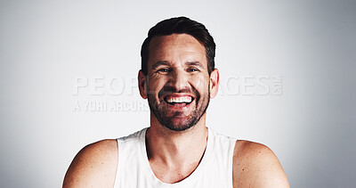 Buy stock photo Laugh, portrait and beauty with man in studio for anti aging, dermatology and collagen product. Skincare, spa treatment and happy with mature person on white background for cosmetics and facial