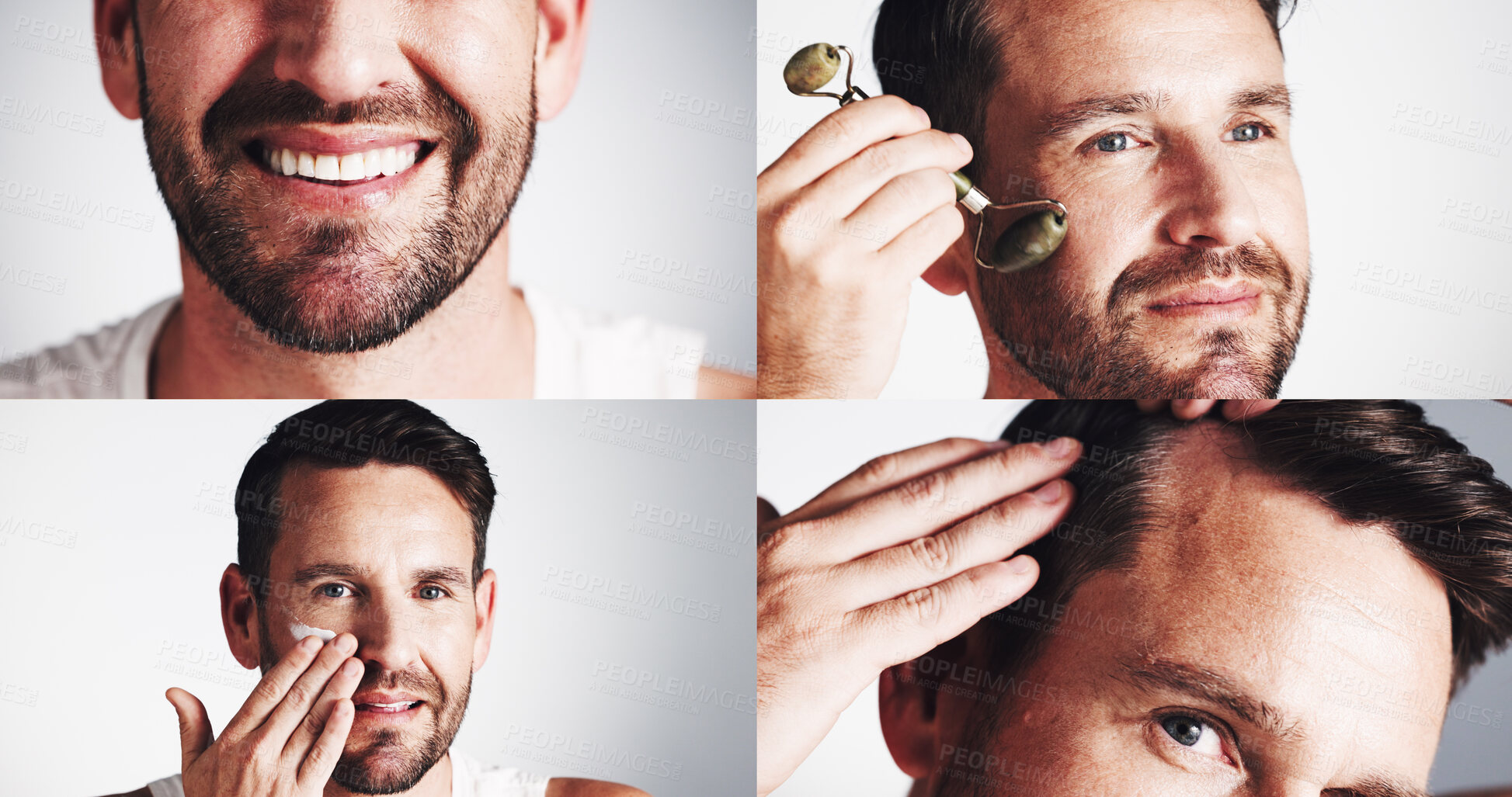 Buy stock photo Happy, man and skincare collage in studio with teeth whitening, facial roller and moisturiser. Person, beauty and montage for dermatology process, hydration benefits and self care on white background