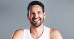 Space, portrait and happy man with beauty in studio for anti aging, dermatology or collagen mockup. Results, wrinkle treatment or confident mature person on grey background for cosmetics or skincare