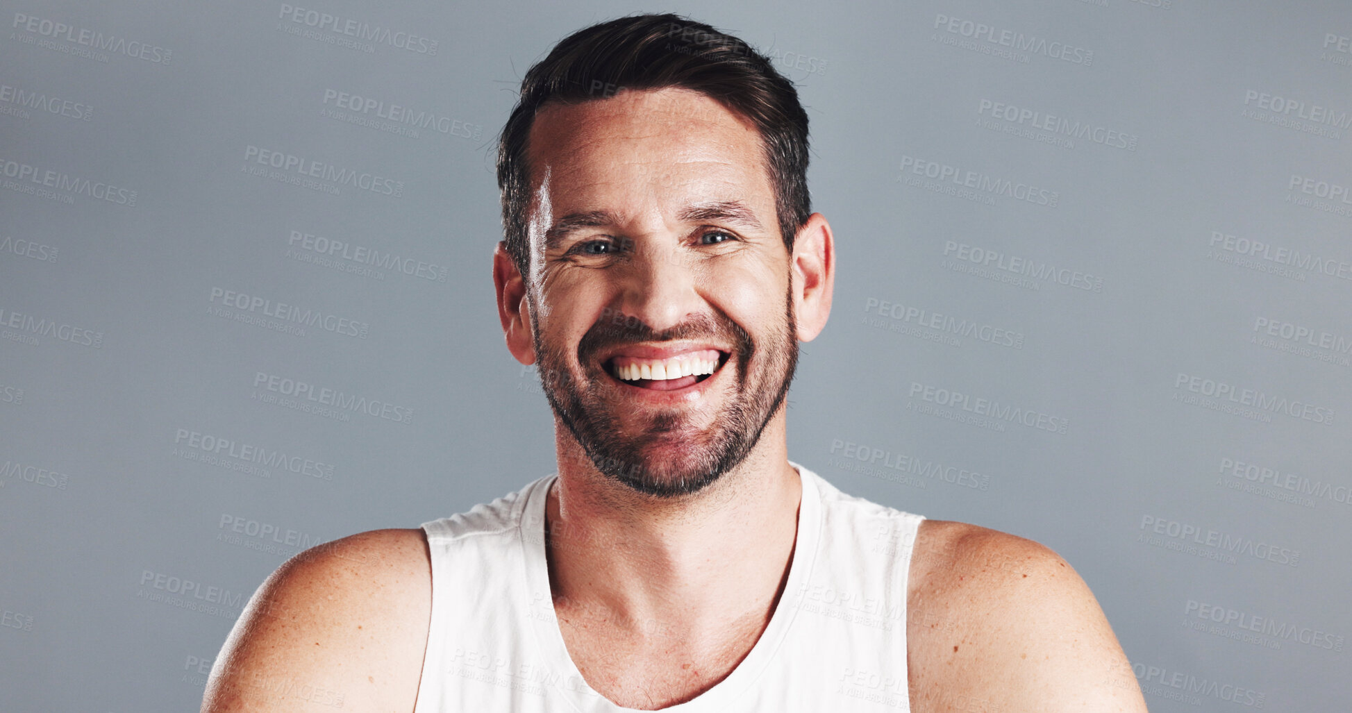 Buy stock photo Space, portrait and happy man with beauty in studio for anti aging, dermatology or collagen mockup. Results, wrinkle treatment or confident mature person on grey background for cosmetics or skincare