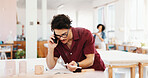 Phone call, pottery and man in workshop with tablet pen for inventory, schedule or order clay supply. Ceramic art, person and talking with technology for chat, client follow up and creative craft