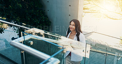 Buy stock photo Building, smile and walking with business woman outdoor to arrive at work start, career or new job in city. Above, opportunity and thinking with happy employee in urban town for commute to office