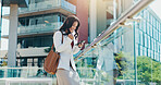Business, celebration and woman in city, cellphone and cheering with bonus, investment or excited. Happy person, investor or employee with smartphone, smile or profit growth with prize winner or app