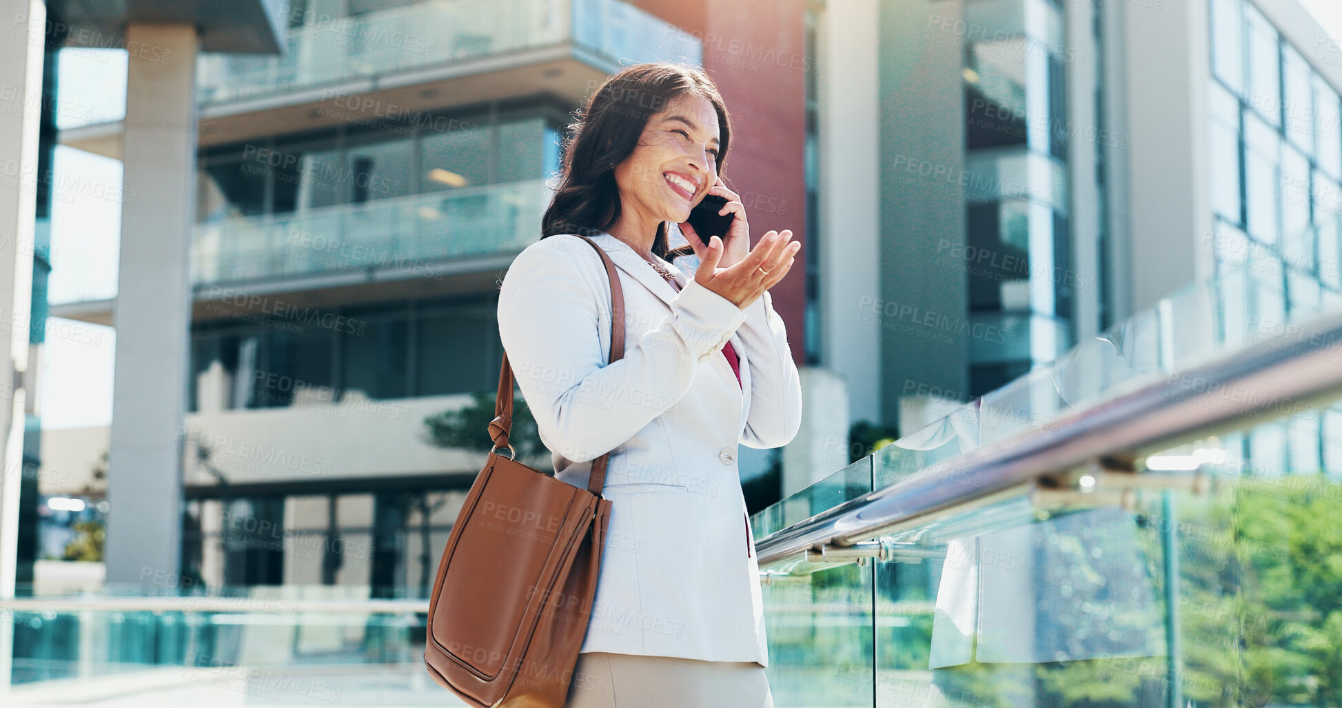 Buy stock photo Happy woman, business or realtor with phone call in city for conversation, chat or discussion. Female person, employee or real estate agent with smile on mobile smartphone for property or negotiation