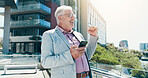 Business, celebration and man in city, smartphone and cheering with bonus, investment or email. Mature person, investor or employee with cellphone, excited or profit growth with prize winner or smile
