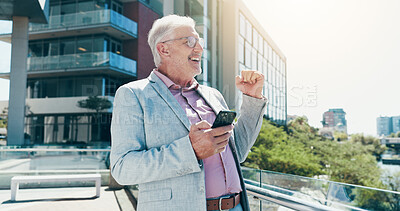 Buy stock photo Business, celebration and man in city, smartphone and cheering with bonus, investment or email. Mature person, investor or employee with cellphone, excited or profit growth with prize winner or smile