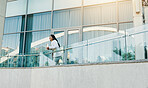 Thinking, business and woman on balcony city for planning, corporate career and decision as accountant. Female person, vision and reflection for financial future, urban search and investment growth