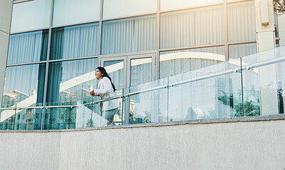 Buy stock photo Thinking, business and woman on balcony city for planning, corporate career and decision as accountant. Female person, vision and reflection for financial future, urban search and investment growth