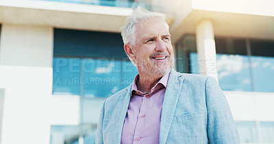 Buy stock photo Thinking, business and man with smile city for planning, corporate career and decision as accountant. Mature person, vision and job reflection for financial future, urban search and investment growth