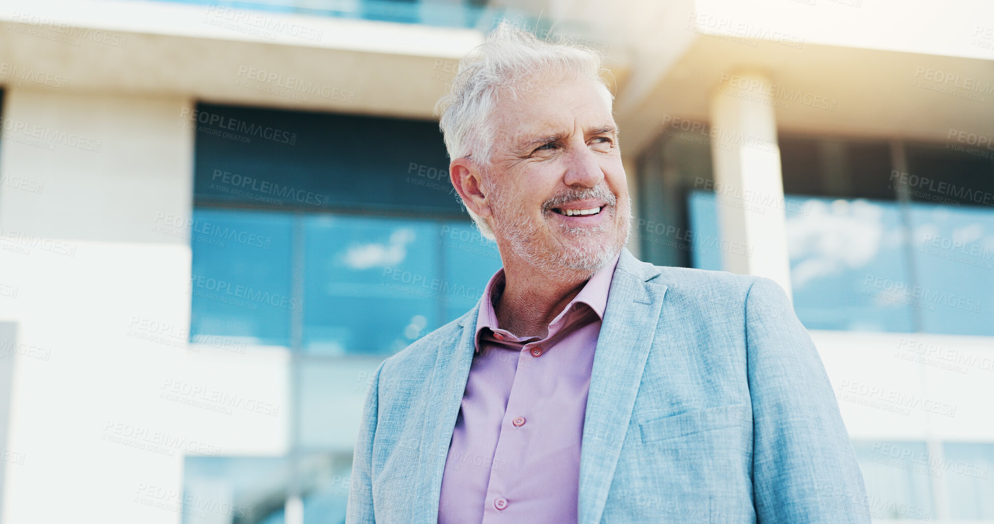 Buy stock photo Thinking, business and man with smile city for planning, corporate career and decision as accountant. Mature person, vision and job reflection for financial future, urban search and investment growth