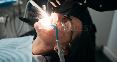 Buy stock photo Appointment, mouth surgery and patient with dentist in office for checkup or medical operation. Dental hygiene, oral exam or procedure with medicine professional and woman at clinic for healthcare