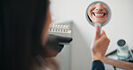 Happy woman, mirror or patient in dental clinic for crown, veneers or medical procedure. Reflection, smile or person with implant in oral exam for dentistry, teeth whitening or cosmetics treatment