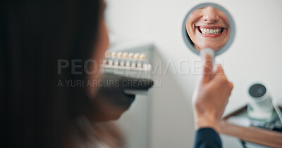 Buy stock photo Happy woman, mirror or patient in dental clinic for crown, veneers or medical procedure. Reflection, smile or person with implant in oral exam for dentistry, teeth whitening or cosmetics treatment