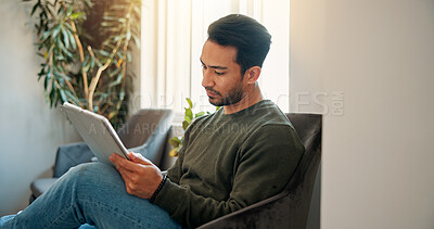 Buy stock photo Appointment, sign in and tablet with man in lobby of office for personal information. Application, digital form and schedule with person in waiting room of spa for session, therapy or wellness
