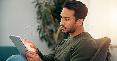 Buy stock photo Reading, sign in and tablet with man in waiting room of office for personal information. Application, appointment and digital form with person in lobby of spa for session, therapy or wellness