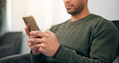 Buy stock photo Man, hands and typing with phone in waiting room for dentist appointment, schedule or app at clinic. Closeup, male person or user with mobile smartphone for telehealth, connection or online review
