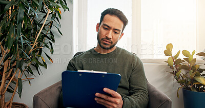 Buy stock photo Waiting room, hospital and man with clipboard for writing information, insurance form and medical history. Healthcare, clinic and person with checklist for wellness, appointment and consultation