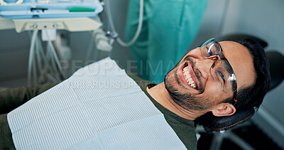 Buy stock photo Happy man, portrait or confident patient in dental clinic for checkup, veneers or medical procedure. Appointment, waiting or person in oral exam for dentistry, teeth whitening or cosmetics treatment