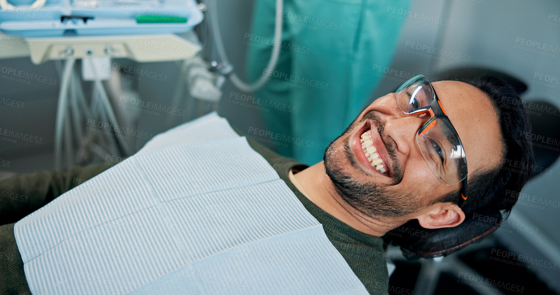 Buy stock photo Happy man, portrait or confident patient in dental clinic for checkup, veneers or medical procedure. Appointment, waiting or person in oral exam for dentistry, teeth whitening or cosmetics treatment