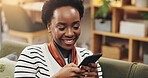 Black woman, smile or typing with phone on sofa for streaming subscription, social media scroll and mobile chat. Relax, person and internet connection in home for dating site profile and text message