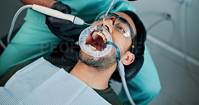 Buy stock photo Cleaning, man or mouth procedure in dental clinic for toothache, veneers and medical surgery. Appointment, operation or patient in oral exam for dentistry, teeth whitening and cosmetics treatment