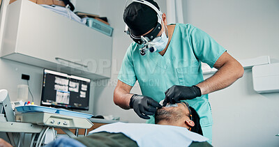 Buy stock photo Appointment, oral exam and patient with dentist in office for checkup or mouth operation. Healthcare, medical hygiene or procedure with dentistry professional and man at clinic for dental surgery