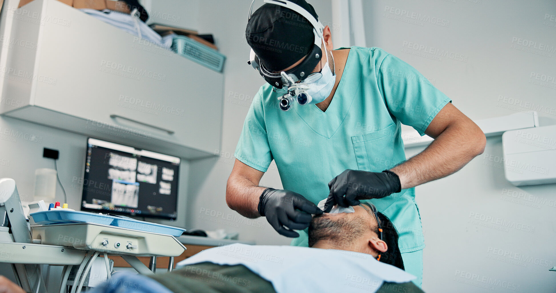 Buy stock photo Appointment, oral exam and patient with dentist in office for checkup or mouth operation. Healthcare, medical hygiene or procedure with dentistry professional and man at clinic for dental surgery