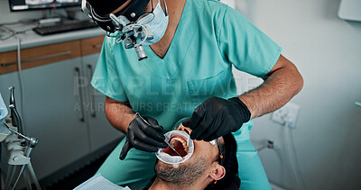 Buy stock photo Appointment, medical procedure and man with dentist in office for checkup or mouth operation. Dental filling, healthcare or oral exam with medicine professional and patient at clinic for dentistry