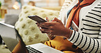 Woman, hands and typing with phone on sofa for social media, communication or research at home. Closeup, female person or user with mobile smartphone or laptop for online texting, chatting or app
