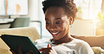 Black woman, smile or tablet in home with choice for online blog, interior design or social media. Digital app, living room or happy person on technology for house renovation tips or options on couch