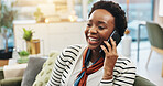 Black woman, happy and phone call on sofa in home for friendly chat, networking and conversation. Relax, person and talking to contact in living room with funny gossip, communication and discussion