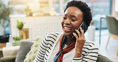 Buy stock photo Black woman, happy and phone call on sofa in home for friendly chat, networking and conversation. Relax, person and talking to contact in living room with funny gossip, communication and discussion