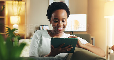 Buy stock photo Black woman, check or tablet in home with choice for online blog, interior design or social media. Digital app, living room or happy person on technology for house renovation tips or options on couch