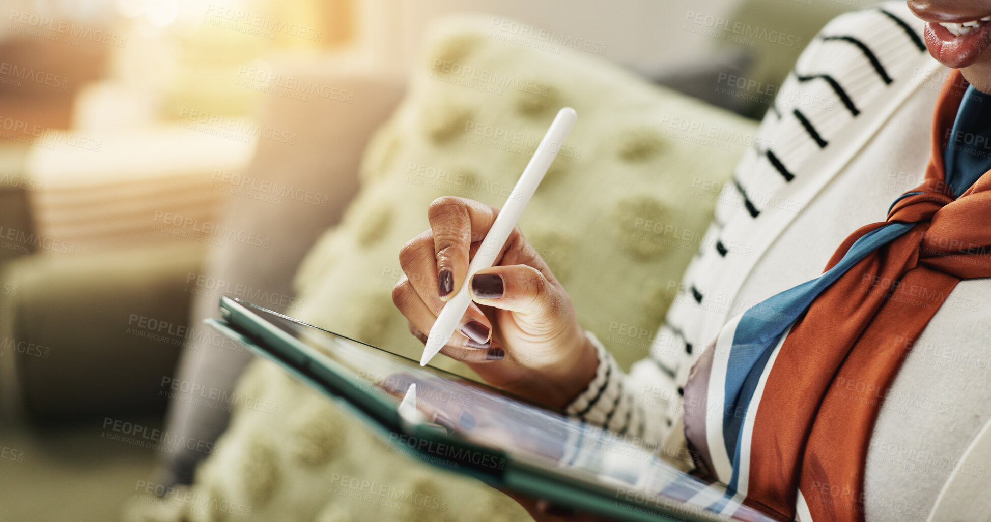 Buy stock photo Woman, hands or pen on tablet in home to search for online blog, interior design and social media. Digital app, lounge or closeup of female person on touchscreen technology for house renovation tips