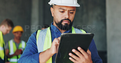 Buy stock photo Building, inspection and tablet with construction worker man on site for civil engineering or development. App, digital plan and thinking with developer person on location for project management