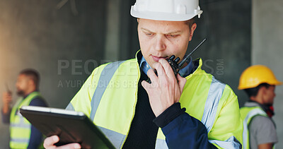 Buy stock photo Planning, radio and tablet with construction worker man on site for civil engineering or development. App, building and communication with developer person on worksite for project management