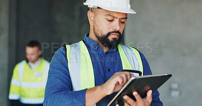 Buy stock photo Building, serious and tablet with construction worker man on site for civil engineering or development. App, inspection and planning with developer person on worksite as project management supervisor